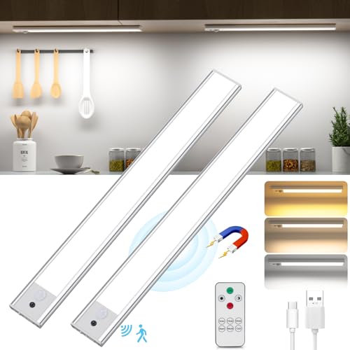 TOPPLEE Led Sottopensile Cucina, 41CM Luce Led Sottopensile con Telecomando, 3000K-6500K Dimmerabile Luci LED Cucina con Sensore di Movimento per Armadio Scale Corridoio, 2 Pezzi
