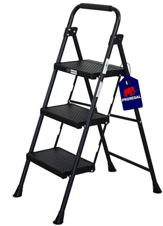 PROREGAL Profi-Escabeau Pliant avec Certification TÜV/GS, 3 marches avec Surface striée HxLxP 106x48x70cm Capacité de Charge 150kg Acier Noir Mat, Marche Pied Pliant, Échelle Domestique