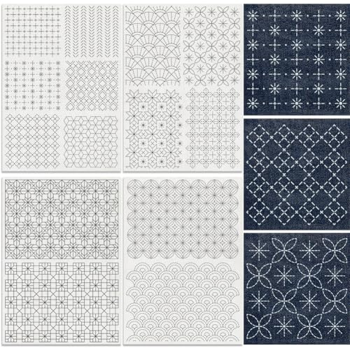 DOODLREAM 14Pz Stabilizzatori per cucito a mano con texture geometrica idrosolubile, 21 x 29,7 cm Stabilizzatore per ricamo geometrico moderno Sashiko, 4 fogli con bastoncini per riparazioni e adesivi