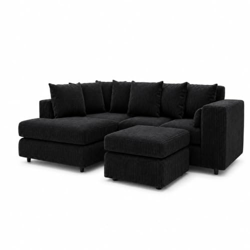 Gamzo Outlet Sofa Corner Sofa L Shape Jumbo Cord Fabric Square Settee Seater Suite Footstool (Left Hand Facing, Black)