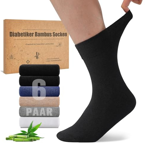 Niorasen Chaussettes Diabétiques en Bambou, 6 Paires de Chaussettes pour Diabétiques sans Elastique ＆ sans Couture, Chaussette en Bambou avec Bordure Confortable pour Homme et Femme