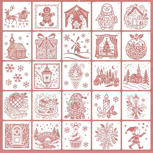 Doyomtoy Juego de 25 hojas para colorear de Navidad, incluidas plantillas de Navidad reutilizables, adecuadas para decoraciones y manualidades.