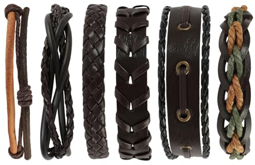 Tuwonwa 6 PCS Leather Bracelet, Retro Punk Jewelry Set, Adjustable Fashion Punk Braided Men & Women Rope Bracelet Cuff Vintage Bracelets Wrap Set Series, Braided Leather Bracelet Set