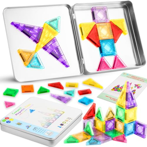 78PCS Travel Magnetic Construction Set Mini Magnet Building Tiles with Storage Tin Plane Activities Construction Travel Toys for Boy Girl
