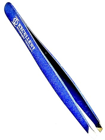 Pinzas de depilar cejas Excellent de Acero Inoxidable de 9 cms, Fabricadas en Alemania, punta inclinada, color azul