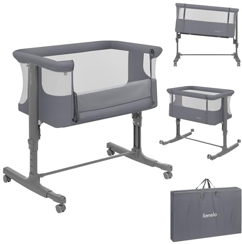 Lionelo Aurora 3-i-1 Babysäng upp till 9 kg – Sidosäng Co-Sleeper, Vagga & Fristående Spjälsäng med Höjdjustering, Lutningsfunktion, Meshpaneler, 4 Hjul med Broms, Madrass & Bärväska, Antracit