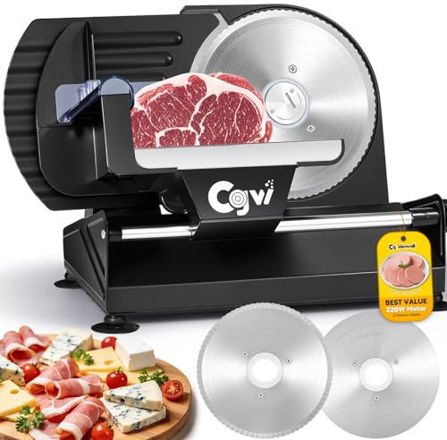 CGOLDENWALL Cortafiambres Eléctrico 220W – Grosor Ajustable 0‑20 mm, 2 Cuchillas Acero Inoxidable 19 cm (Lisa y Dentada), Cortadora para Carne, Verduras, Queso y Pan, Seguridad con Empujador(Negro)