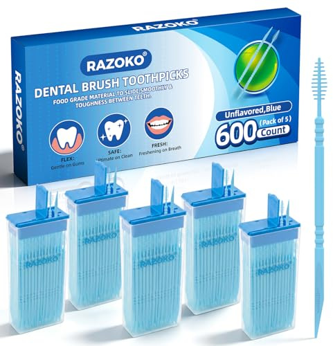RAZOKO Interdental tandpetare för tandställningar och smala mellanrum mellan tänderna – 600 stycken (5 x 120) engångsrengöring, livsmedelssäker plast, med resefodral, smakneutral, blå