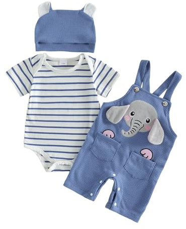 Vioyavo Newborn Baby Boy 3Pcs Summer Outfit Striped Short Sleeve Romper Top Elephant/Dinosaur Pattern Overall Pants Hat Clothes Set