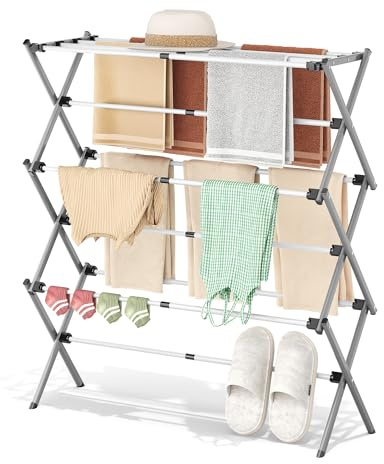 SYKIARIOL Compact Clothes Airer, 3-Tier Drying Rack, 11 Poles | Mini clothes horse for baby garments & light laundry, foldable & portable