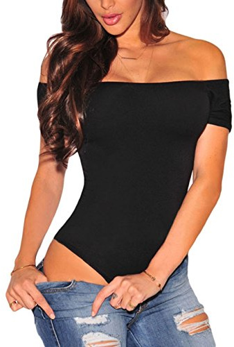 SEBOWEL Damen Stretch Schulterfrei Tiefebene Bodysuit Langarm Bodys Body Leotard Top Oberteil, Schwarz, M