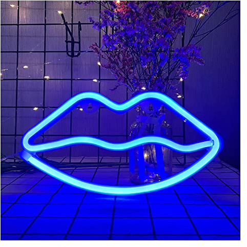ENUOLI LED Lips Neon Light Battery USB Wall Decor for Bedroom Party (Blue) | Portable USB Battery Powered Blue Neon Art Decorative Sign for Wall Home Wedding Xmas Birthday Gift and Room Ambiance