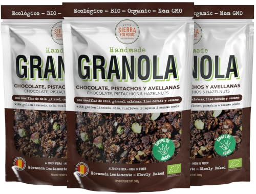 Granola Ecológica y Artesana con Chocolate Negro, Pistachos y Avellanas, Sirope de Ágave y Aceite de Oliva Virgen Extra, Semillas, Avena Integral de Copo Entero (Pack: 3 x 300g) Total 900g