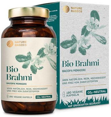 Bio Brahmi - 180 Kapseln hochdosiert / 1000 mg Brahmi Bacopa Monnieri pro Tagesdosis/Ayurveda Nahrungsergänzung/Vegan, Zertifiziert & Nachhaltig im Glas