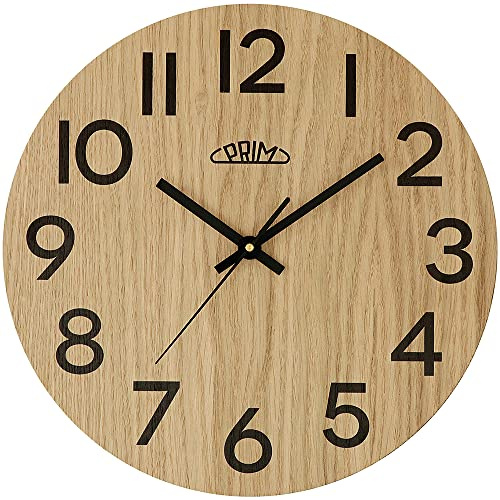 PRIM Genuine Design 31cm Wanduhr Holz Made in EU, Design-Holzuhr, Dunkles Light Wood/Black, Arabische Ziffern, präzises Quarz-Uhrwerk Sweep, ∅ 310 mm, schöne Wanddeko für Küche, Büro oder Wohnzimmer