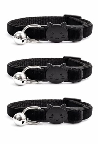 Katt halsband i sammet med klocka. Säkert brytspänne, snabbfrigörande spänne. Finns i katt- och kattunge storlek (paket med 3) (katthalsband (20 cm - 30 cm), svart sammet (paket med 3))