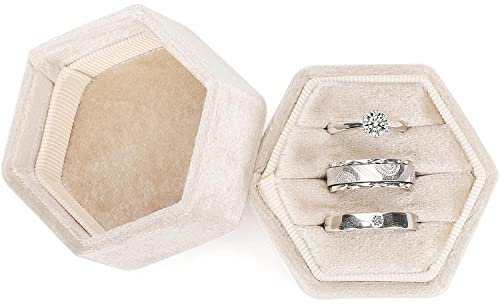 WantGor Velvet Jewelry Ring Box, 3 Slots Hexagon Ring Gift Box Vintage Ring Display Holder Case for Wedding Ceremony Proposal Engagement (Beige)