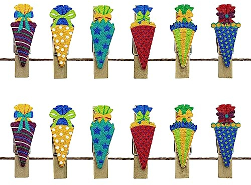 Oblique Unique® Mini Wäscheklammern Zuckertüten aus Holz Bunt für Schuleinführung Einschulung Schulanfang Streudeko Tischdeko