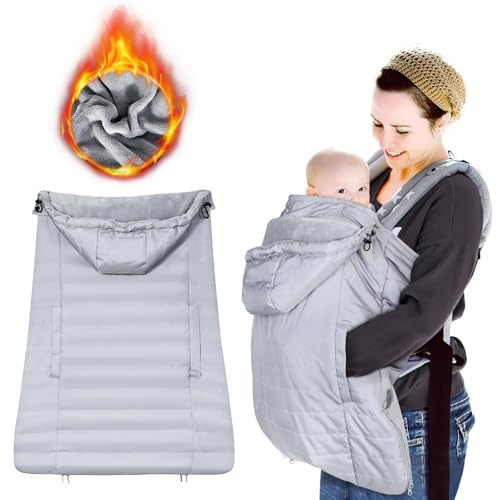 Orzbow Tragecover Babytrage Winter, Hellgrauer | Universal Regenschutz Babytrage mit Abnehmbares Oberteil, Wintercover Babytrage mit Korallenvlies-Futter, Vordertasche