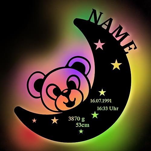 Urhome Schlummerlicht Bär mit Mond Sterne LED RGB Farbwechsel USB + Fernbedienung - Name Datum uvm. personalisiert - Holz Zimmer Beleuchtung Nachtlicht für Baby Kind Junge Mädchen zur Geburt Taufe