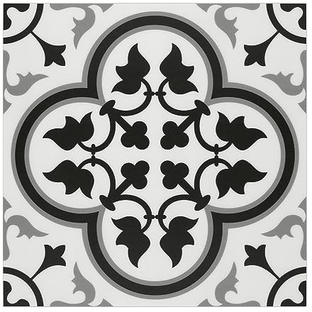 Inno Stickers Boden- und Wandfliese für Badezimmer und Küche SPC Vinyl selbstklebende Bodenbelagfliese 22,9 x 22,9 cm schwarz und weiß Encaustic gemusterte Backsplash Fliese 16 Fliesen, 2,5 m²
