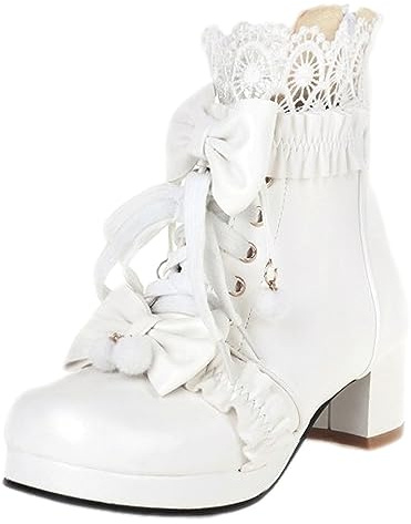 rismart Femmes Bottines à Chevilles Plateforme Talon Epais Bout Rond Fermeture Eclair Lolita Bottes Chaussures Blanc, 38 EU