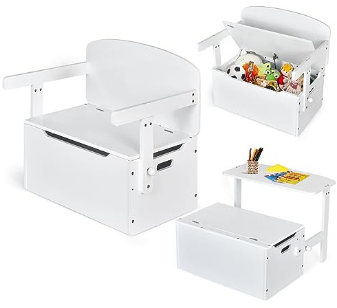 GOPLUS Kindertisch mit Sitzbank, 3 in 1 Kindersitzgruppe mit Stauraum, Kindertruhenbank, Spielzeugkiste Kindermöbel Sitzgarnitur Kinder für Kindergarten Spielzimmer (Weiß)