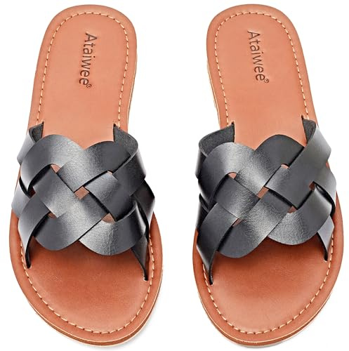 Ataiwee dam slide sandaler – bekväma fashionabla platta remmar sommarsandaler, mjuka innersulor, slip-on sandaler, 8002 svart, 40 EU