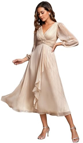 Ever-Pretty Vestito Elegante Donna Cerimonia Manica Lunga Collo A V Gonna Midi Abito da Sera Champagne 44