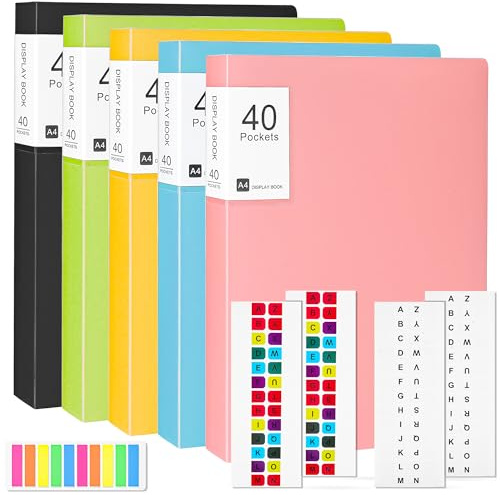【Upgraded】 A4 Display Folder,5 Pack 40 Pockets A4 Display Book with Plastic Sleeves, Presentation Folders Document Project Folder for Individuals, School and Offices (5 Colours)