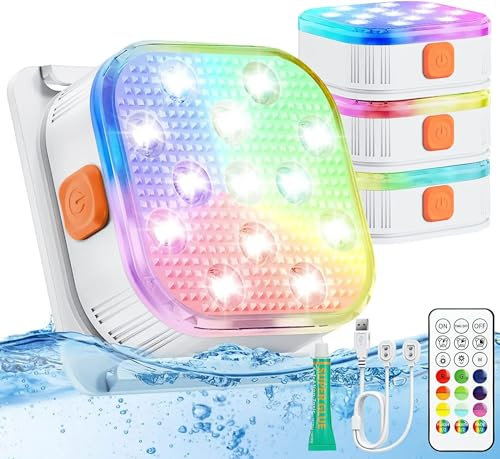 Lixada Rechargeable Pool Lights for Above Ground Pools,Waterproof Submersible LED Lights with Remote,Hot Tub Lights Underwater Pool Light 16 Colors Dynamic for Pond/Backyard/Party/Aquarium -4 Pack