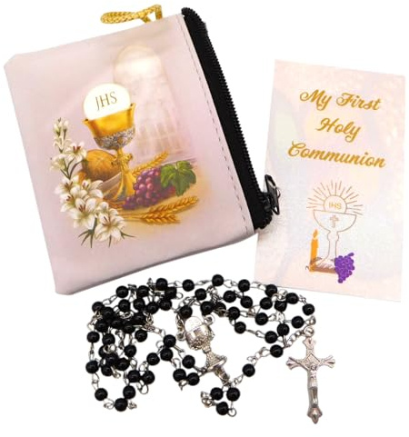 Westmon Works Chapelet de première communion pour garçon avec perles en verre noir avec calice en métal et crucifix avec pochette zippée et carte de prière, Zinc, Pas de gemme