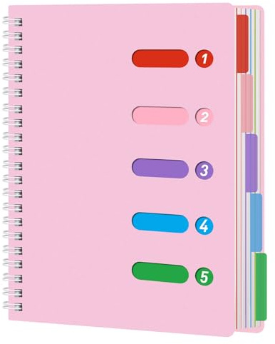 Koogel Notizbuch, liniert, A4, rosa Spirale mit Trennblättern, Hardcover, 5 Fächer, Tagebuch für Schule, Notizen, Büro, 28 x 21 cm