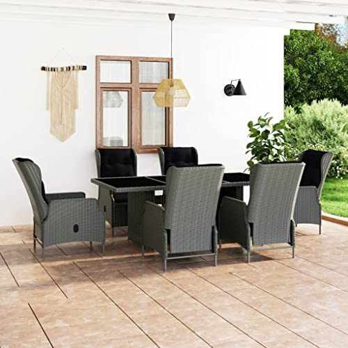 QZZCED Set di mobili da giardino per terrazze, divano da giardino, 7 pezzi, set da pranzo con cuscini, in polyrattan, grigio chiaro, per giardini, terrazze, balconi