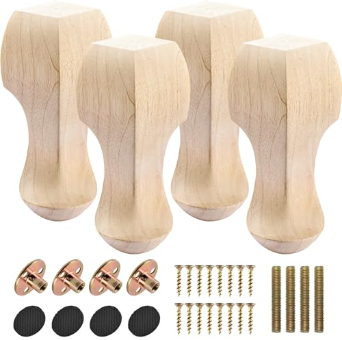 Btowin VCF 4 Inch / 10cm Wooden Furniture Legs, 4PCS Solid Wood Carved Geometry Sofa Legs Unfinished DIY Replacement Bun Feet with Mounting Plate & Screws for Sofa Cabinet Couch Table TV Stand