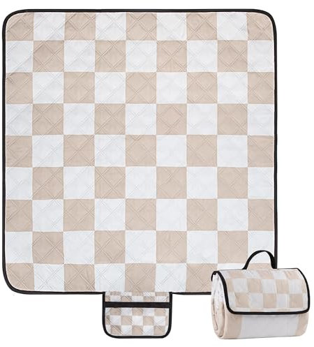 Picknickdecke Wasserdicht, 200 x 200cm Große Boho Stranddecke Sandfrei für 4-6 Personen, Waschbar Und Tragbare Strandmatte und Tragegrif, Picknick Decke für Strand, Camping, Garten, Reisen - Khaki