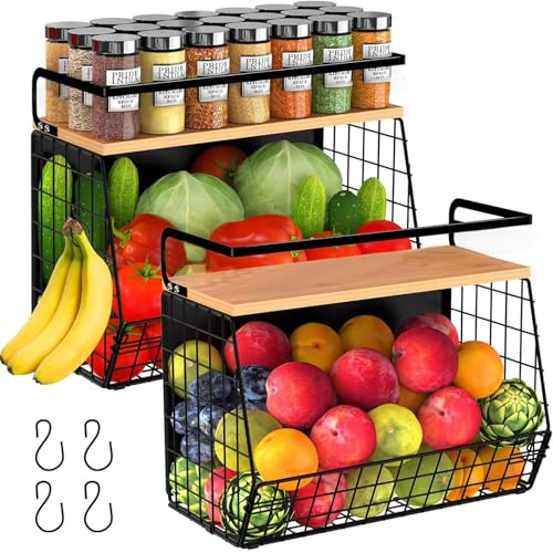 2 Pack Magnetic Spice Storage Rack Organizer for Refrigerator, Magnetic Shelf for Fridge with Wood Lid, Organizer for Kitchen & Laundry, Potato and Onion Storage Bins, Large Container, Strong Magnets