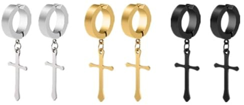 JYTDBCS Non-Pierced Clip-On Cross Dangle Drop Hoop Hinged Earrings Set for Men Women No Piercing Ear Plug Jewelry, 3 Pairs