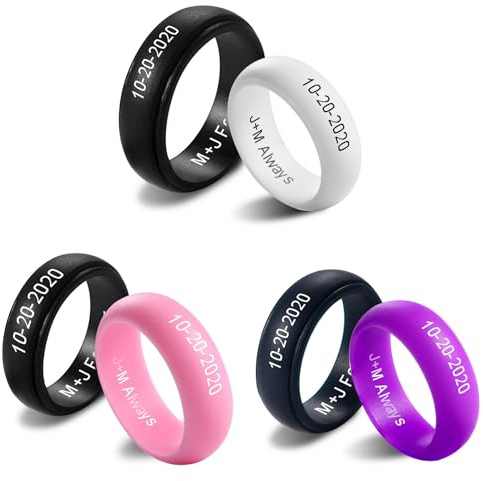 MeMeDIY Personalisierter Silikonring für Männer/Frauen Eingravierter Name/Symbol/Datum/Text Silikon-Paarringe Benutzerdefinierte Gummi-Eheringringe 5,7 mm/8 mm Breite