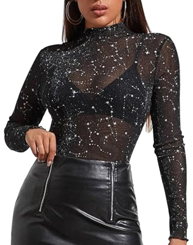 Camicia Mesh Trasparente, Top Trasparente con Glitter Stella, Sexy Mesh Tops, Maglia da Donna in Rete con Glitter Trasparente, Sexy, Glitterate, Girocollo, Maniche Lunghe Shirts per Carnevali, Feste