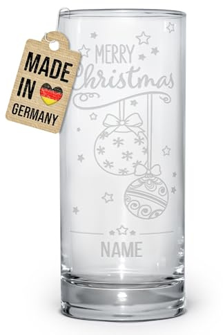 Print Royal PR Trinkglas mit Gravur - Merry Christmas Kugeln - mit Namen personalisiert, Geschenk für Freunde und Familie, Trinkglas graviert, Wichtelgeschenk | Lasergravur, 400 ml