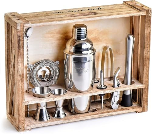 11-Piece Cocktail Set – Stainless Steel Shaker, Strainer, Corkscrew, 2X Liquor Pourers, Spoon, Ice Tongs, Muddler, 2X Jiggers, Wooden Stand – Dishwasher Safe, Elegant Packaging (Silver)