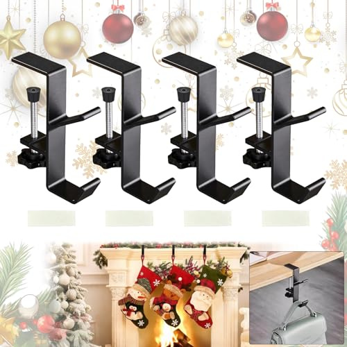 4PCS Mantle Hanger Hook for Garland, Fireplace Xmas Stockings Hangers Pole with 2 Hooks, Aluminum Adjustable Heavy Duty Stockings Holder Suitable for Shelf Table Edge