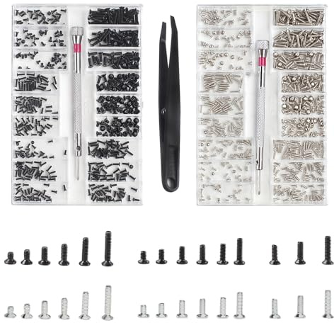 Hopton 1000 Stück Kleine Schrauben Set,M1.2 M1.4 M2 Schrauben Sortiment Kit | 18 Größen PC Schrauben Set, Brillenschrauben Set mit Schraubendreher Pinzette, Mini Schrauben zur Uhren, Brillen, Computer