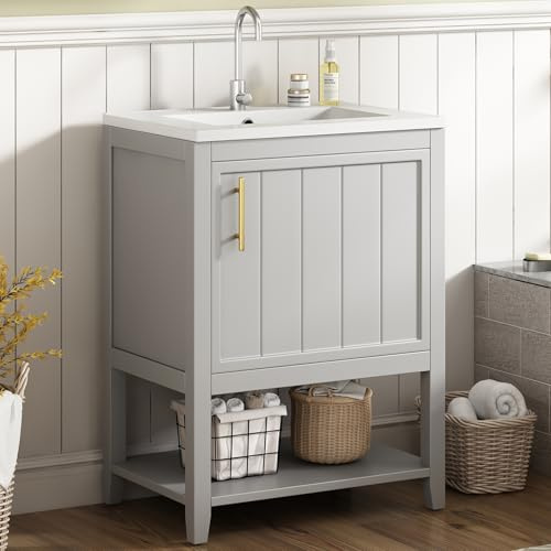 Merax Waschbecken mit Unterschrank, Badezimmer Set Möbel, Badmöbel Einzelwaschtisch,Waschtischunterschrank 60 cm mit Keramikwaschbecken,mit Ablage, Hellgrau