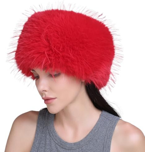 LJRPUPY Wintermütze aus Kunstfell, warm, russischer Kosaken-Stil, russischer Hut, Trappermütze, Skimütze, flauschiger Fischerhut, Rot/Ausflug, einfarbig (Getaway Solids), Einheitsgröße