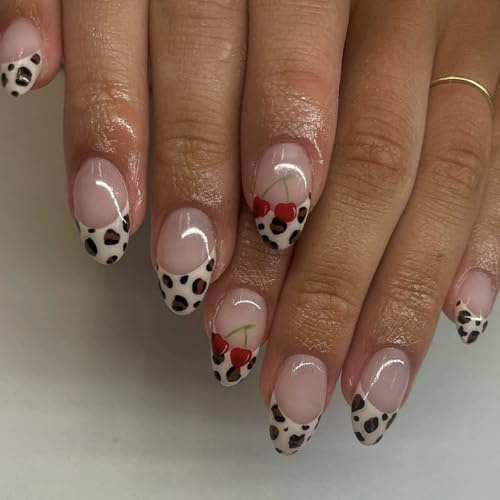 24pcs Short Almond Press on Nails with Glue, Leopard Print French Tip False Nails - 12 Sizes Cherry Design Full Cover Stick on Nails for Women Girls