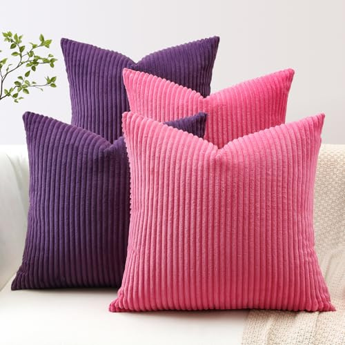 JOTOM 4er Set Cord Kissenbezüge Kissenhülle Dekorative Zierkissen Couchkissen Sofakissen Dekokissen Kordsamt Kissenbezug Deko Kissenhülle für Sofa Wohnzimmer (45x45cm, Heißes Rosa Tiefviolett)