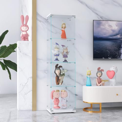DIYHOM Glasvitrine Standvitrine, Modern 4 Lagen Glas Vitrinenschrank, Sammlervitrine für Sammlerstücke Bücher Wein, für Büro Wohnzimmer Küche, 164x40,5x36,5cm (Ohne Led-Leuchten,Weiß)