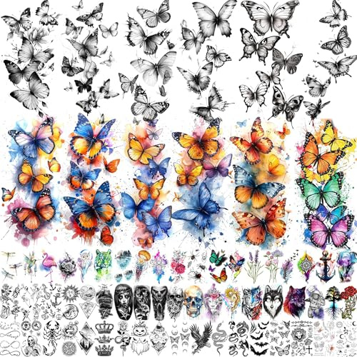 68 Blätter Realistisch Schmetterlings Temporäre Tattoos Frauen Mädchen Klebetattoos Erwachsene, Bunt Halbarm 3D Schwarz Schmetterling Fake Tattoos Zum Aufkleben Auf Die Haut Festival Accessoires